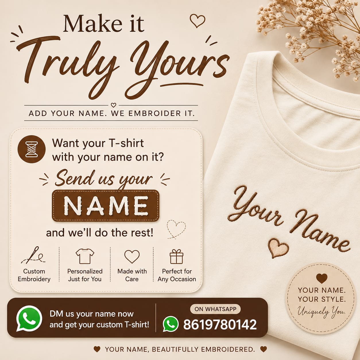 Custom Name Embroidered Handcrafted T-Shirt